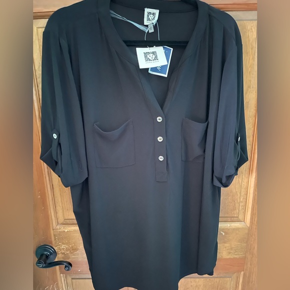 Anne Klein Tops - New Anne Klein Black V-Neck Blouse with Gold Button Placket and Sleeve Accent